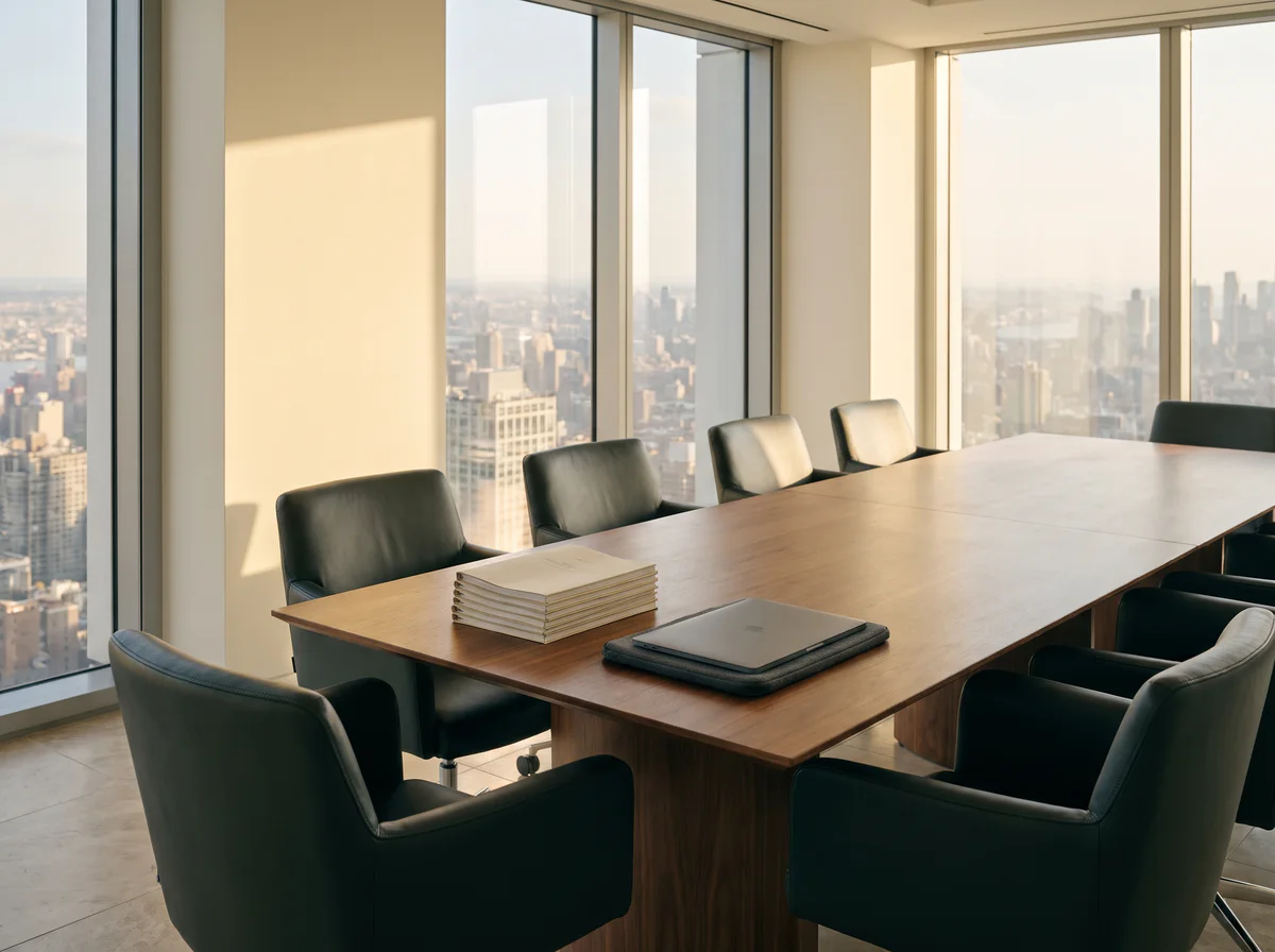 A quiet boardroom overlooking the city at golden hour