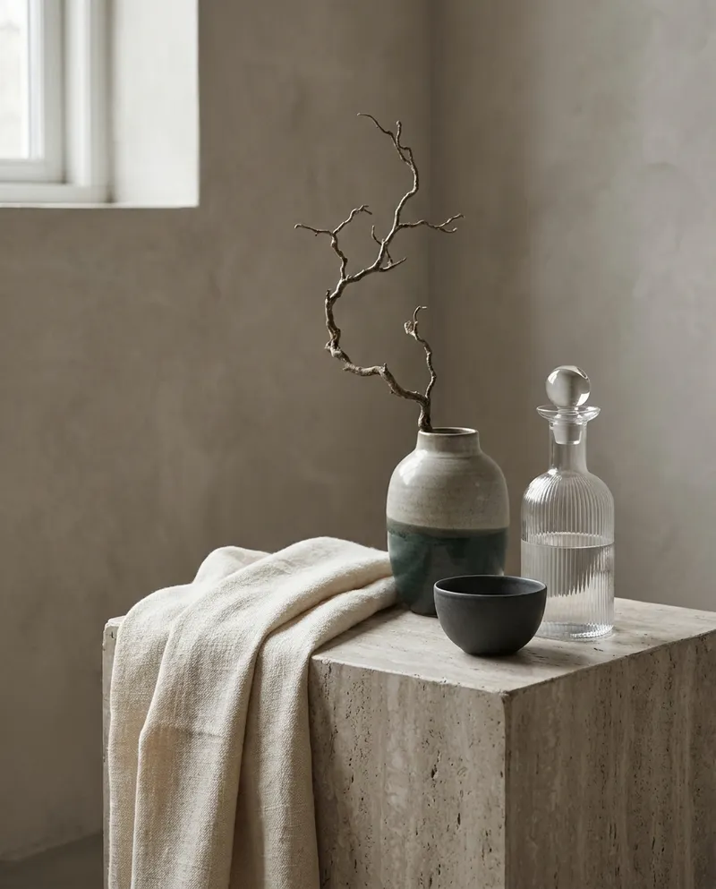 Home and living objects on a stone plinth