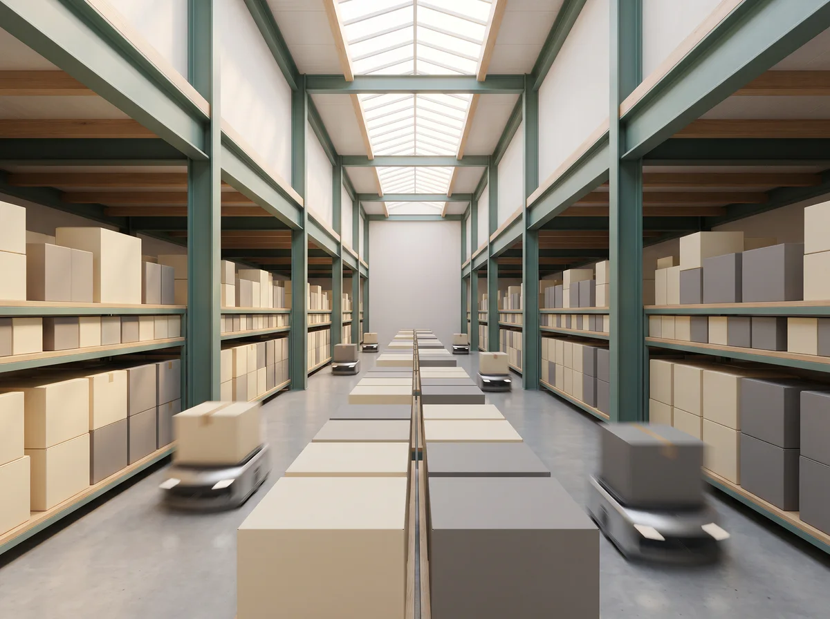 A modern fulfilment centre with neatly organised parcels
